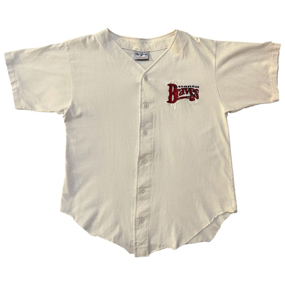 The Game Rare Vintage 90s Atlanta Braves Made In U.S.A Button Jersey Shirt MLB L